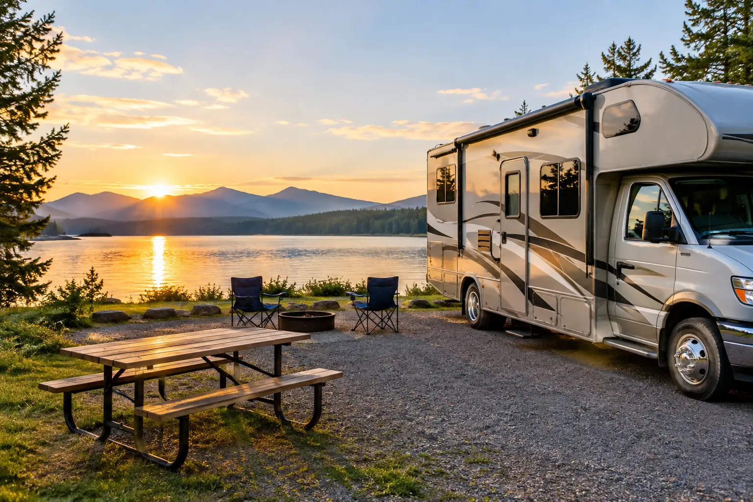 RV parked at a lakeside campsite at sunset with a picnic table and camp chairs.