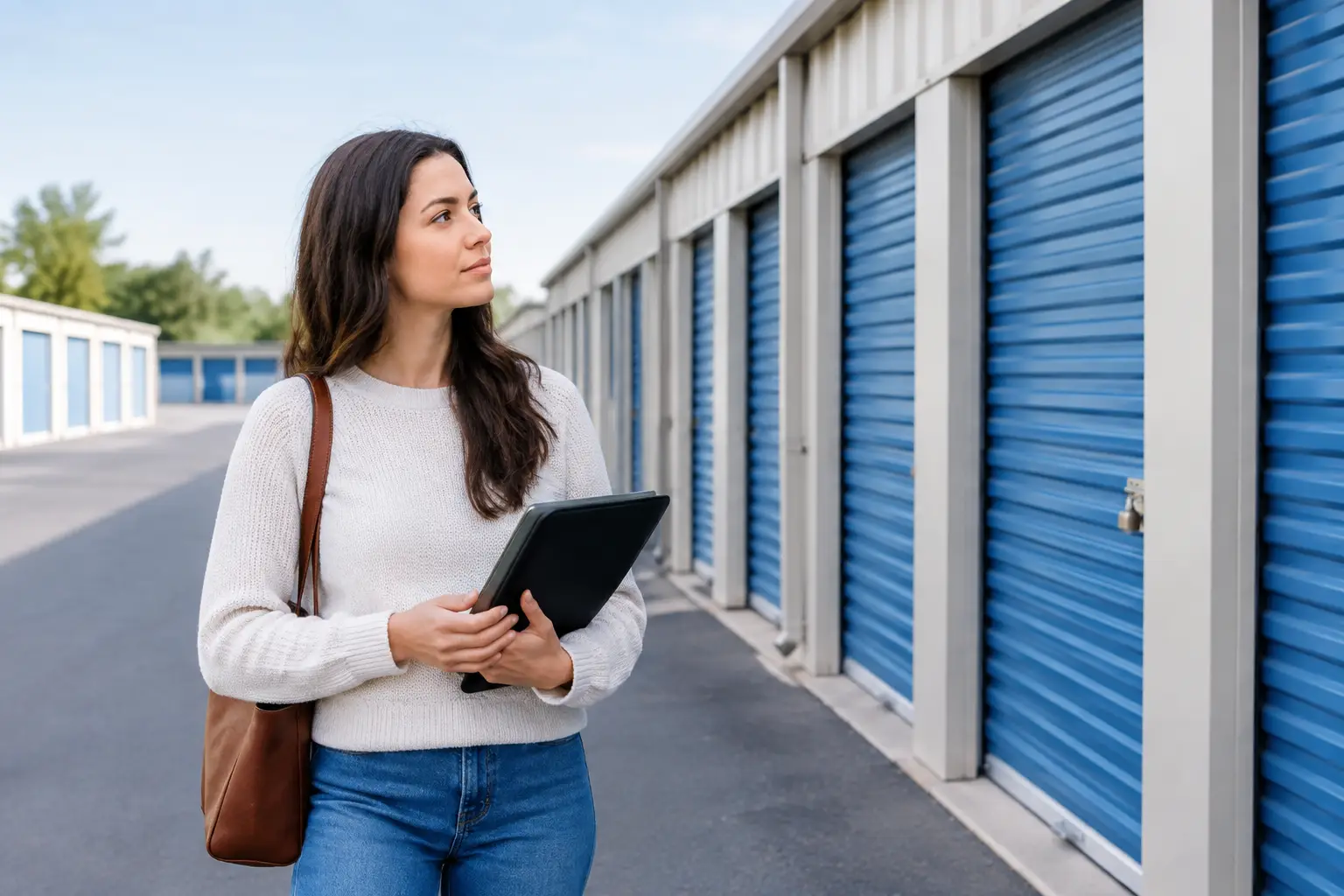 Young woman with brown hair and shoulder bag holds a tablet while walking past rows of blue self-storage units.