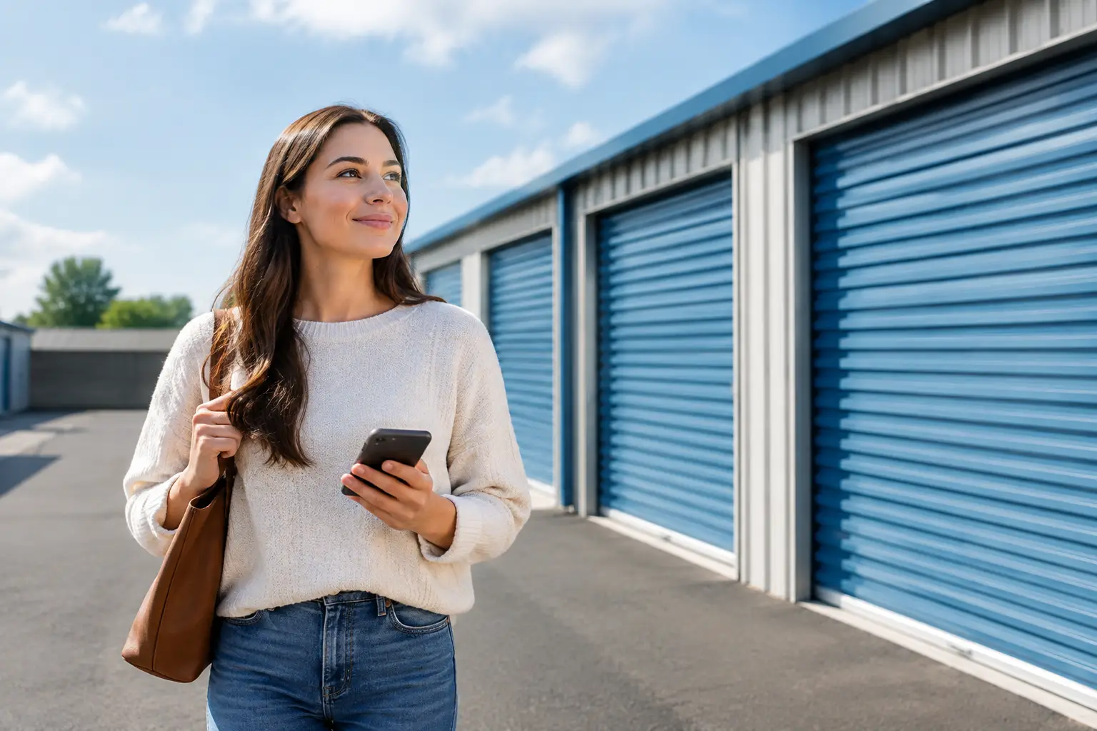 Young woman in white shirt and jeans walks beside storage units, smiling while using her smartphone.