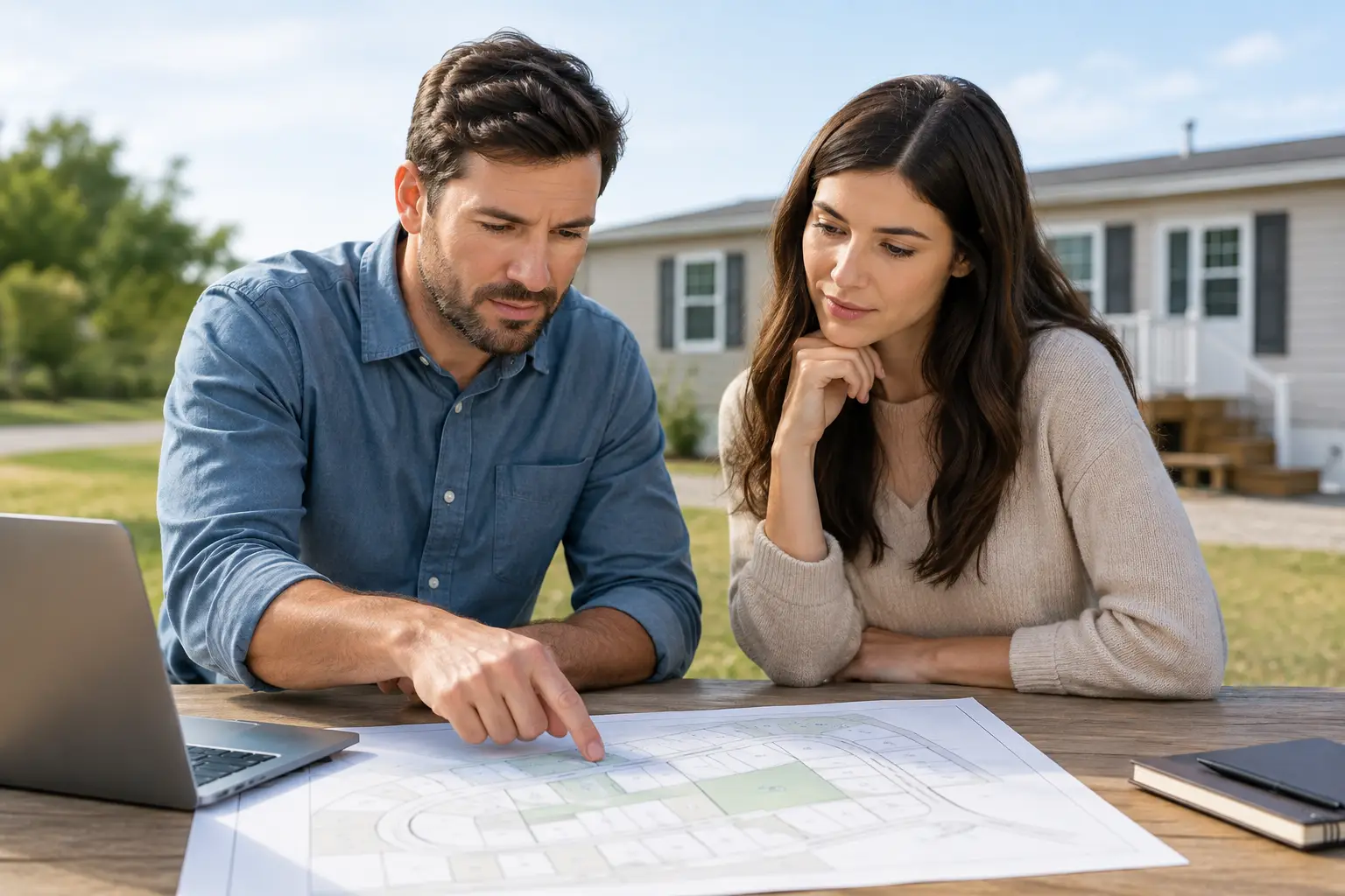Man and woman reviewing documents together outside with buildings in the background.
