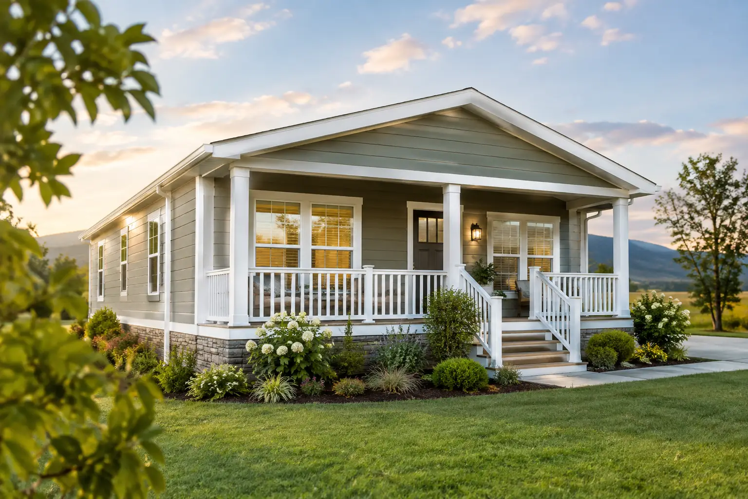 Single-story white manufactured home with covered front porch and landscaped yard under evening sky.