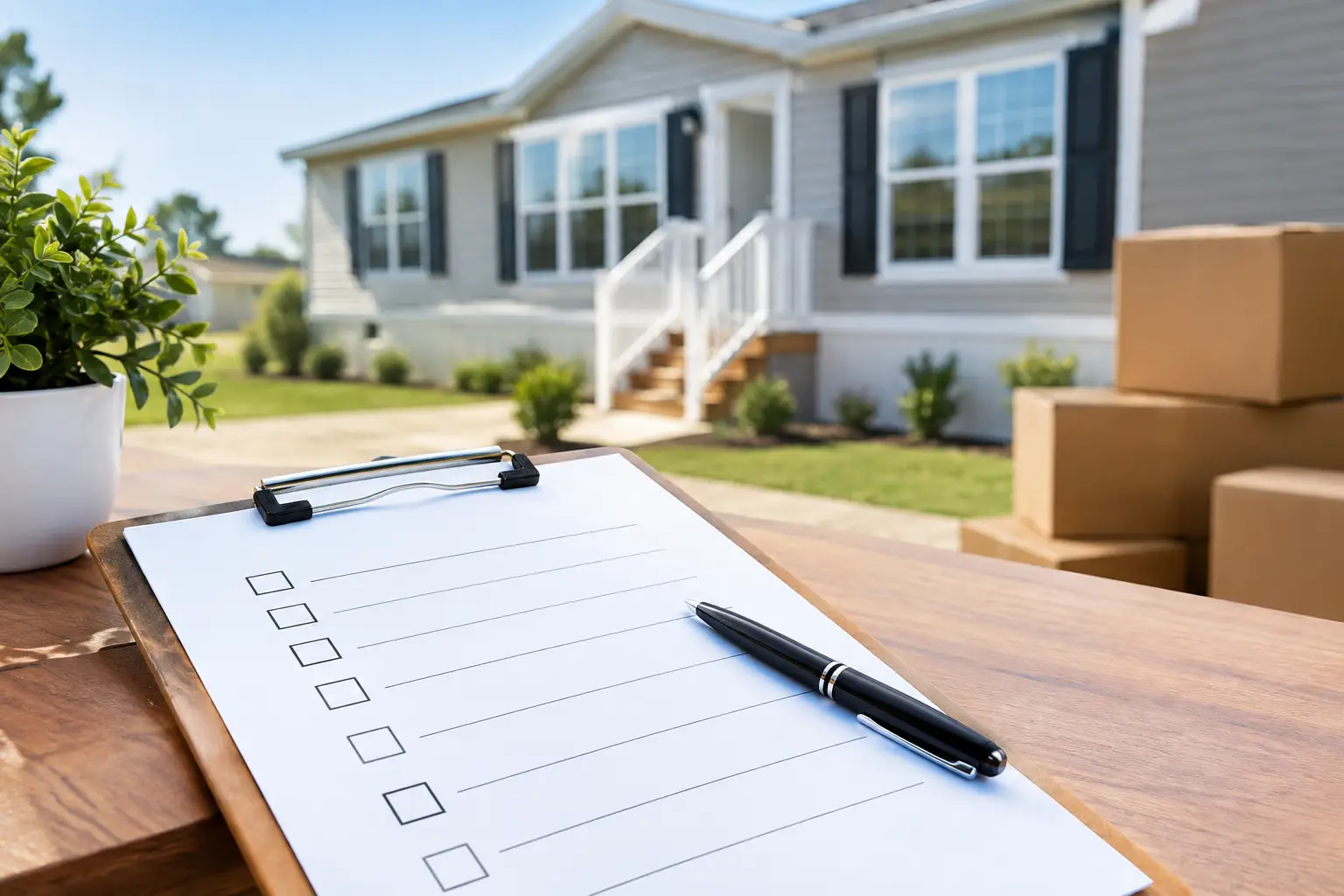 Moving day checklist on clipboard with pen, cardboard boxes and new suburban home behind it.