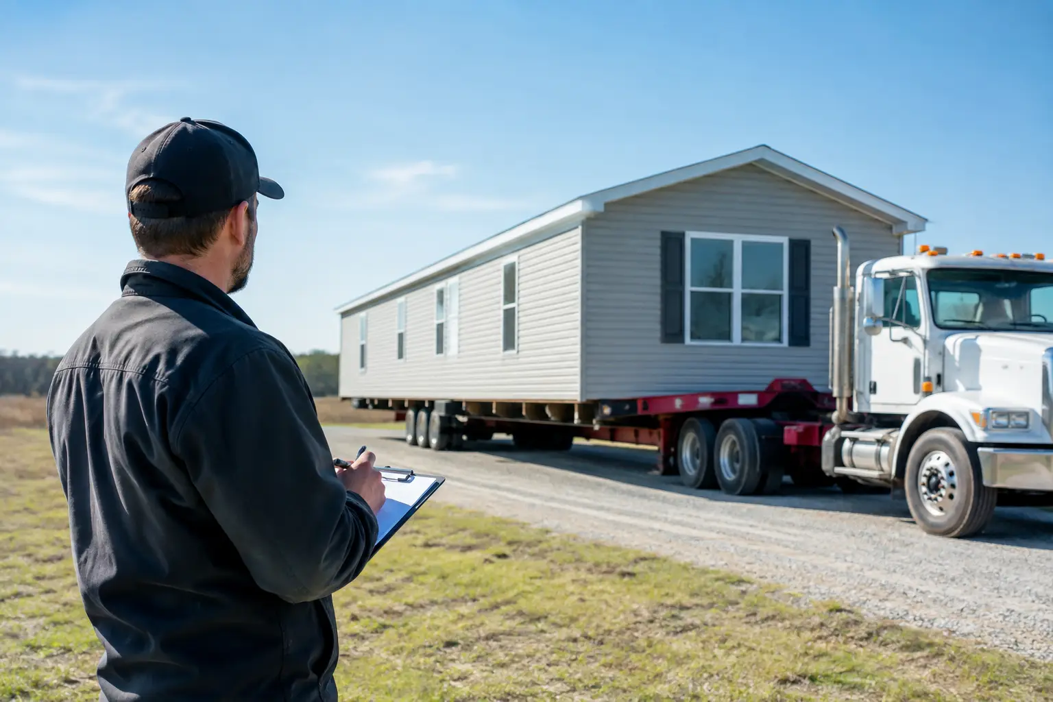 Man in black jacket and cap watching a semi-truck towing a white mobile home across an open field.