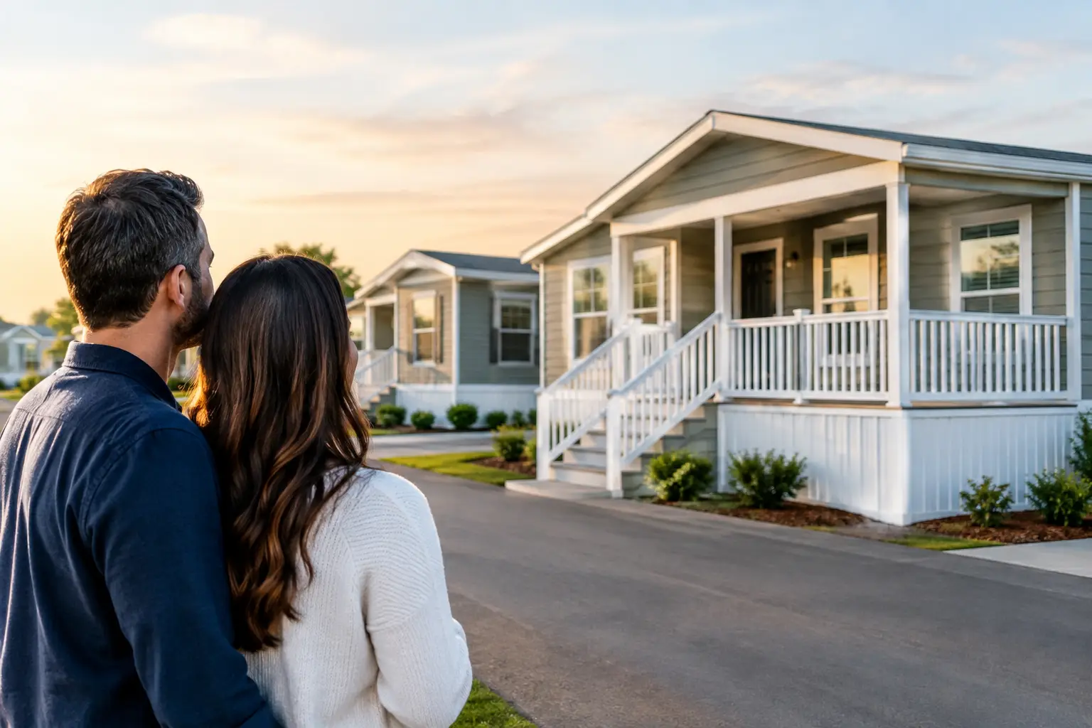 Couple stands together gazing at a manufactured home with white porch under an evening sky.