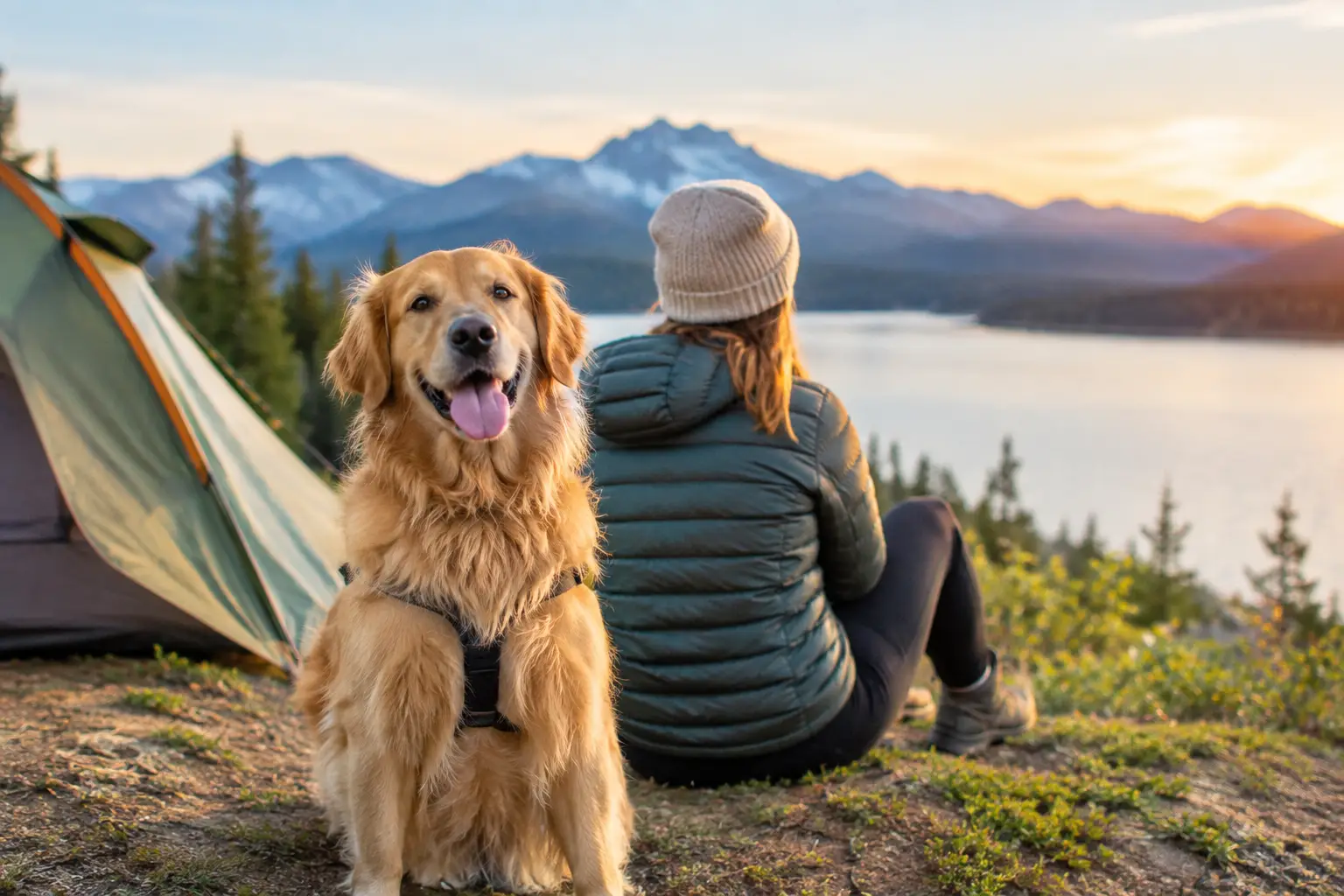 A golden retriever panting happily beside its owner overlooking a scenic mountain lake at their campsite.