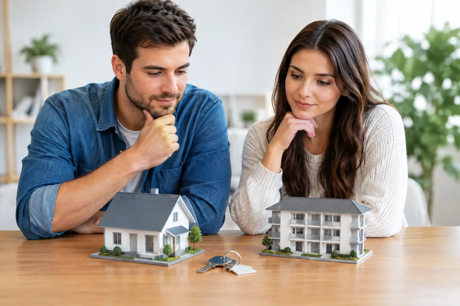 Young couple comparing two miniature house models while deciding on a home purchase.