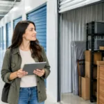 Woman holding an item next to an open self-storage unit filled with packed boxes and shelves.