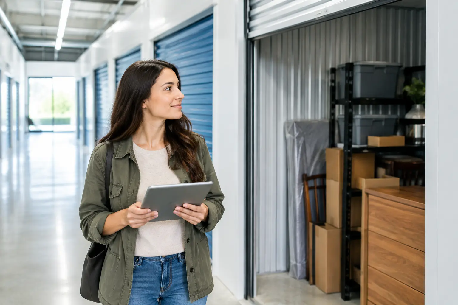 Woman holding an item next to an open self-storage unit filled with packed boxes and shelves.